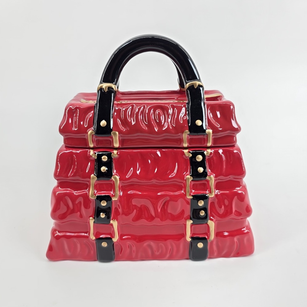 DAVID'S COOKIES‎ JAR RED PLEATED HANDBAG BLACK HANDLE GOLD ACCENTS Ceramic New